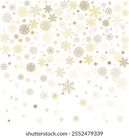 Christmas snowflakes background. Winter gold snow falling decoration, greeting card. Noel subtle Vector illustration