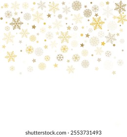 Christmas snowflakes background. Winter gold snow falling decoration, greeting card. Noel subtle Vector illustration