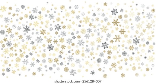 Christmas snowflakes background. Winter gold and silver snow decoration, greeting card. Noel subtle frame backdrop. Vector illustration