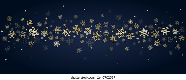 Christmas snowflakes background. Winter gold snow falling, blue minimal decoration with snow flakes and stars, greeting card. Vector illustration