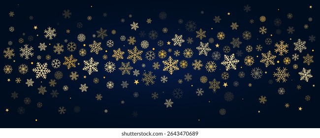 Christmas snowflakes background. Winter gold snow falling, blue minimal decoration with snow flakes and stars, greeting card. Vector illustration
