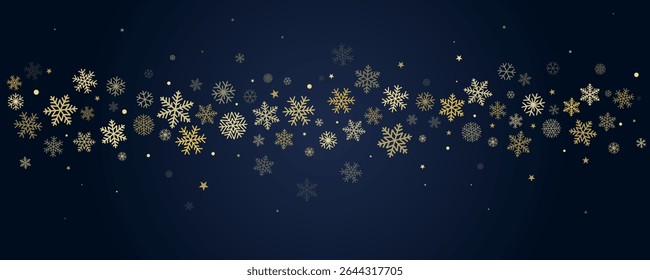 Christmas snowflakes background. Winter gold snow falling, blue minimal decoration with snow flakes and stars, greeting card. Vector illustration