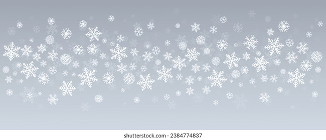 Christmas snowflakes background. Winter silver snow border decoration, greeting card. Noel subtle frame backdrop. Vector illustration