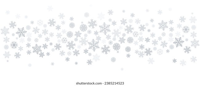 Christmas snowflakes background. Winter silver snow border decoration, greeting card. Noel subtle frame backdrop. Vector illustration