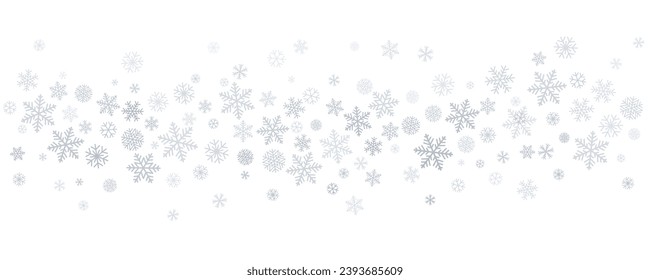 Christmas snowflakes background. Winter silver snow border decoration, greeting card. Noel subtle frame backdrop. Vector illustration