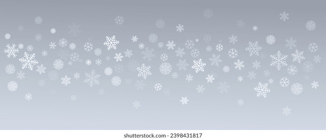 El fondo de los copos de nieve de Navidad. Decoración de borde de nieve plateado de invierno, tarjeta de saludo. Fondo del marco sutil de ruido. Ilustración del vector