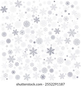 Christmas snowflakes background. Winter silver snow falling decoration, greeting card. Noel subtle Vector illustration