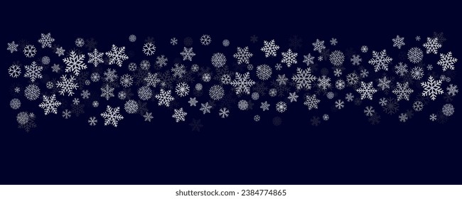 Christmas snowflakes background. Winter snow border blue decoration, greeting card. Noel subtle frame backdrop. Vector illustration