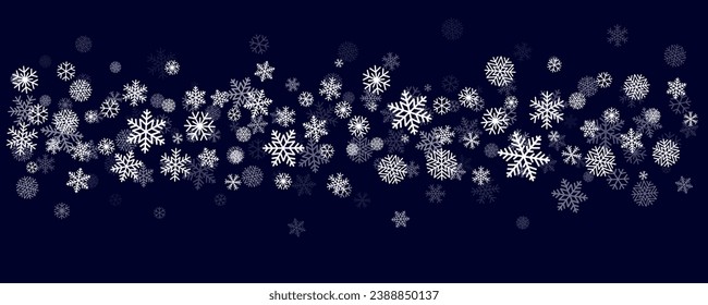 Christmas snowflakes background. Winter snow border blue decoration, greeting card. Noel subtle frame backdrop. Vector illustration