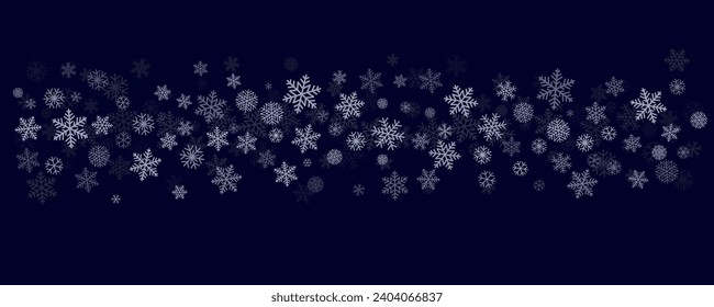 Christmas snowflakes background. Winter snow border blue decoration, greeting card. Noel subtle frame backdrop. Vector illustration