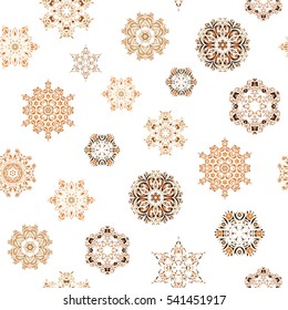 Christmas snowflakes in beige, orange and brown colors with doodles and dots on white background. Floral border. Vector pattern, seamless, Christmas background. Winter boarder.