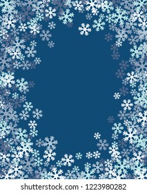 Christmas snowflakes blank frame vector illustration. Greeting card winter blue background with copy space. Happy New Year. Vertical format.