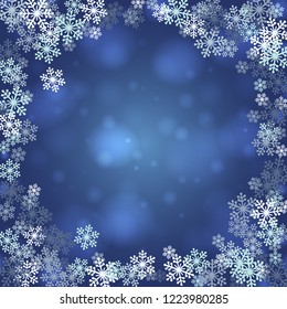 Christmas snowflakes blank frame vector illustration. Greeting card winter blue background with bokeh lights. Happy New Year.