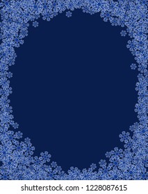 Christmas snowflakes blank frame vector illustration. Greeting card winter dark blue background with copy space. Happy New Year. Vertical format.
