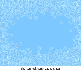 Christmas snowflakes blank frame vector illustration. Greeting card winter light blue background with copy space. Happy New Year. Horizontal format.
