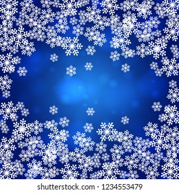 Christmas snowflakes blank frame vector illustration. Greeting card winter blue background with bokeh lights. Happy New Year.