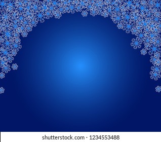 Christmas snowflakes blank frame vector illustration. Greeting card winter blue gradient background with copy space. Happy New Year. Horizontal format.