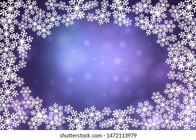 Christmas snowflakes blank frame vector illustration. Greeting card winter blue background with bokeh lights and copy space. Horizontal format.