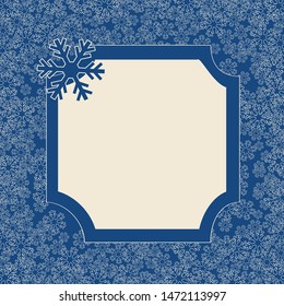 Christmas snowflakes blank frame vector illustration. Greeting card winter blue and white background with copy space. Happy New Year.