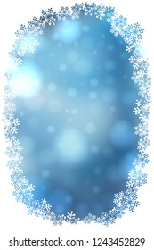 Christmas snowflakes blank oval frame vector illustration. Greeting card blue winter background with bokeh lights. Happy New Year.