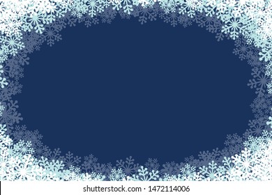 Christmas snowflakes blank oval frame vector illustration. Greeting card dark blue winter background with copy space. Happy New Year.