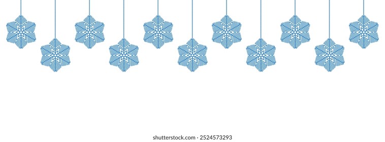 Christmas snowflakes blue line icon.Set of simple hanging blue christmas snowflake seamless border .Holiday christmas decoration. New Year seamless banner . Winter garland.