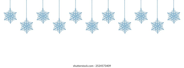 Christmas snowflakes blue line icon.Set of simple hanging blue christmas snowflake seamless border .Holiday christmas decoration. New Year seamless banner . Winter garland.