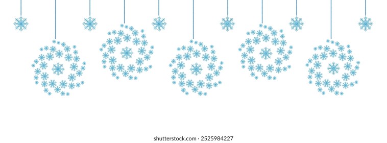 Christmas snowflakes blue line icon.Set of simple hanging blue christmas snowflake seamless border .Holiday christmas decoration. New Year seamless banner . Winter garland.