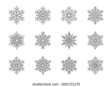 Christmas snowflakes collection isolated on white background. Cute hand drawn snow icons with intricate cut out silhouette. Nice line doodle decorative element for New year banner, cards or ornament.