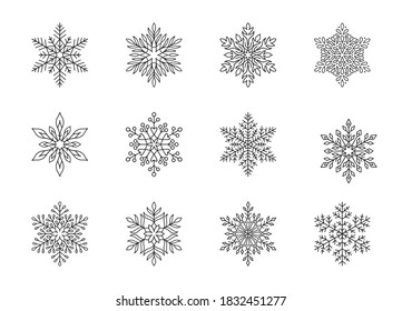 Christmas snowflakes collection isolated on white background. Cute hand drawn snow icons with intricate silhouette. Nice line doodle decorative element for New year banner, cards or ornament.