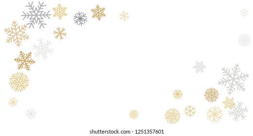 Christmas snowflakes corner background with place for text. Winter gold and silver snow minimal decoration on white, greeting card. New Year Holidays backdrop. Vector illustration