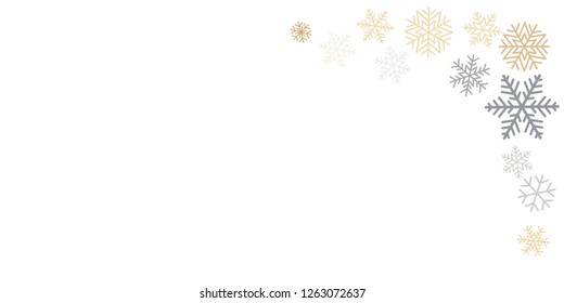Christmas snowflakes corner background with place for text. Winter gold and silver snow minimal decoration on white, greeting card. New Year Holidays backdrop. Vector illustration