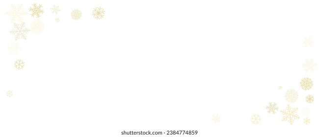 Christmas snowflakes corner background. Winter gold snow frame minimal decoration, greeting card. Noel subtle backdrop. Vector illustration