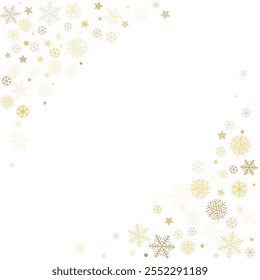 Christmas snowflakes corner background. Winter gold snow falling decoration, greeting card. Noel subtle Vector illustration