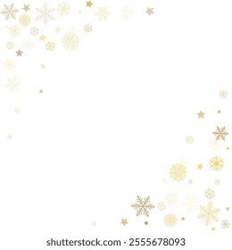 Christmas snowflakes corner background. Winter gold snow falling decoration, greeting card. Noel subtle Vector illustration