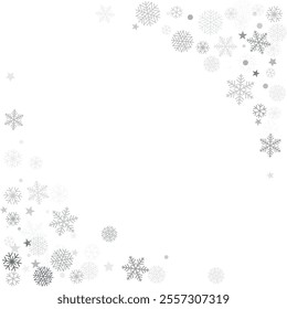 Christmas snowflakes corner background. Winter silver snow falling decoration, greeting card. Noel subtle Vector illustration