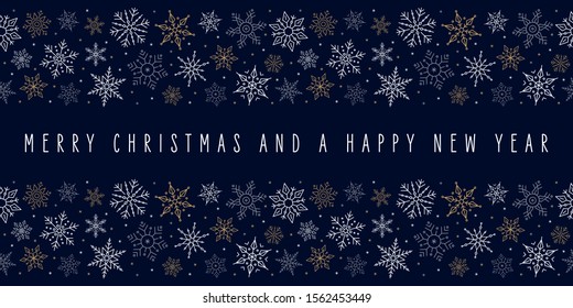 Christmas snowflakes elements ornaments border decoration card with greeting text seamless pattern blue background.