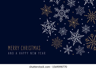 Christmas snowflakes elements ornaments greeting card on blue background