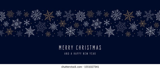 Christmas snowflakes elements ornaments seamless banner greeting card on blue background