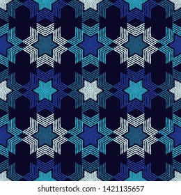 Christmas snowflakes. Ethnic boho seamless pattern. Lace. Embroidery on fabric. Patchwork texture. Weaving. Traditional ornament. Tribal pattern. Folk motif. Can be used for wallpaper, textile.