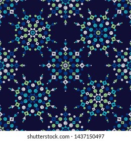 Christmas snowflakes. Ethnic boho seamless pattern. Lace. Embroidery on fabric. Patchwork texture. Traditional ornament. Tribal pattern. Folk motif. Can be used for wallpaper, textile, wrapping, web.