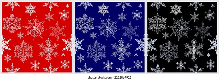 Christmas snowflakes flat vector seamless pattern. Winter season snow texture. Traditional Xmas decorative backdrop. Falling snowflakes blue and silver isolated on different Backgrounds.