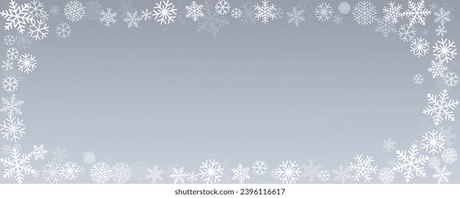 Christmas snowflakes frame background. Winter silver snow falling minimal decoration, greeting card. Noel subtle backdrop. Vector illustration