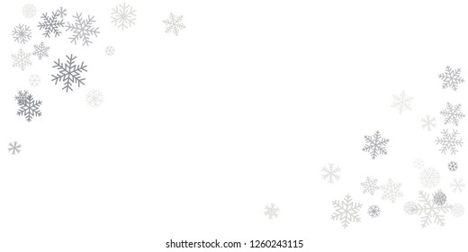 Christmas snowflakes frame or border. Winter silver snow background, minimal decoration on white, greeting card. New Year Holidays backdrop. Flake Vector illustration EPS 10