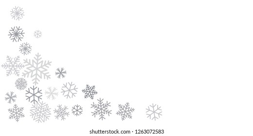 Christmas snowflakes frame or border. Winter silver snow background, minimal decoration on white, greeting card. New Year Holidays backdrop. Flake Vector illustration EPS 10