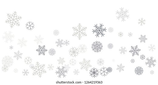 Christmas snowflakes frame or border. Winter silver snow background, minimal decoration on white, greeting card. New Year Holidays backdrop. Flake Vector illustration EPS 10