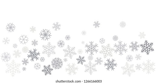 Christmas snowflakes frame or border. Winter silver snow background, minimal decoration on white, greeting card. New Year Holidays backdrop. Flake Vector illustration EPS 10