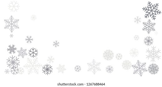 Christmas snowflakes frame or border. Winter silver snow background, minimal decoration on white, greeting card. New Year Holidays backdrop. Flake Vector illustration EPS 10
