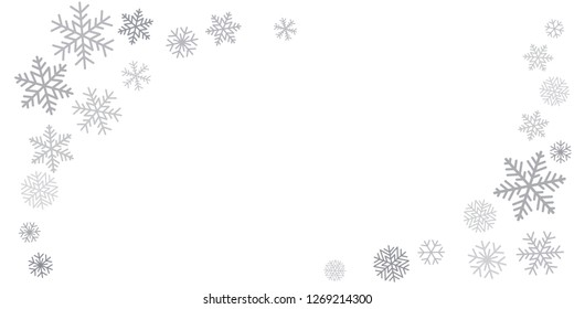 Christmas snowflakes frame or border. Winter silver snow background, minimal decoration on white, greeting card. New Year Holidays backdrop. Flake Vector illustration EPS 10