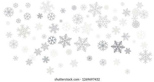 Christmas snowflakes frame or border. Winter silver snow background, minimal decoration on white, greeting card. New Year Holidays backdrop. Flake Vector illustration EPS 10